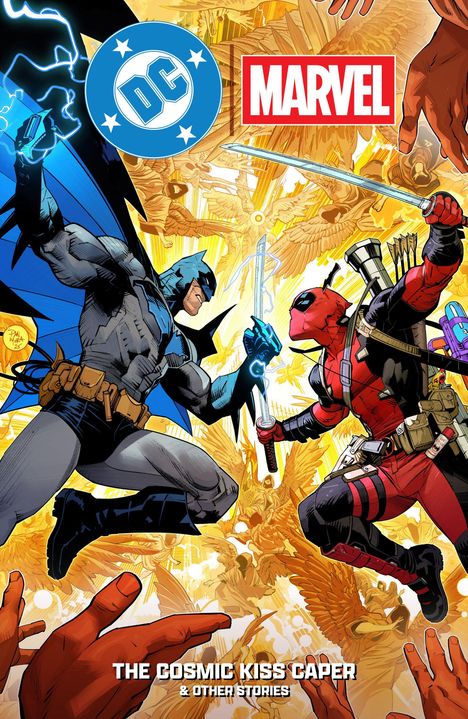 DC-Logo links, Marvel-Logo rechts oben. Batman und ein rot-schwarz gekleideter Held kämpfen in dynamischer Pose.