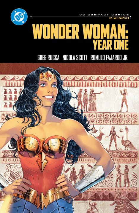 „Wonder Woman: Year One“ steht in großen gelben Buchstaben. Illustration von Wonder Woman in goldener Rüstung.