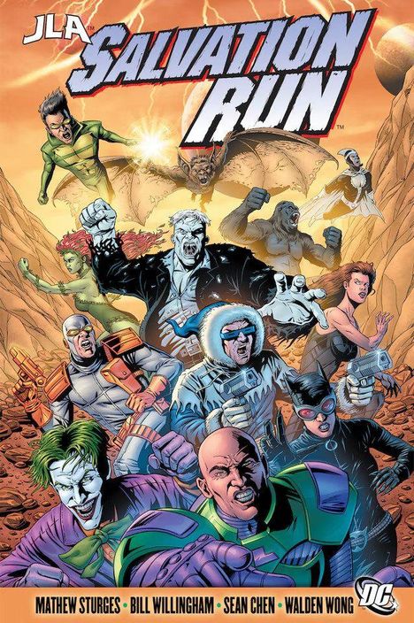 „JLA Salvation Run“ oben, Autoren unten. Titelbild zeigt diverse Comic-Charaktere in dynamischer Pose auf felsigem Hintergrund.