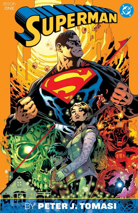Texte: "BOOK ONE", "SUPERMAN", "BY PETER J. TOMASI". Illustration: Superman dominant vorne, weitere Figuren, bunte Action-Szene.