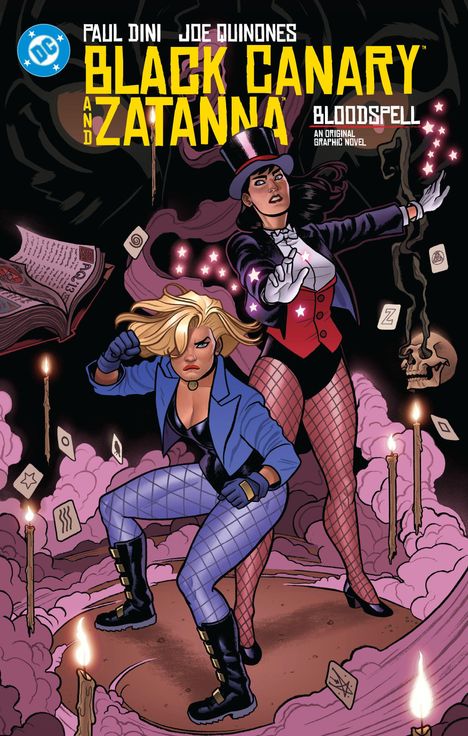 "BLACK CANARY AND ZATANNA" oben in gelb. Zwei Heldinnen, eine mit Zylinder, die andere kämpfend, umgeben von lila Rauch und Karten.
