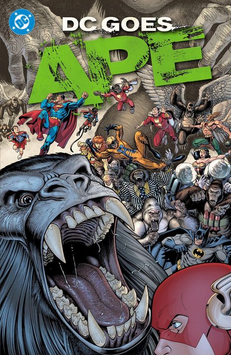 „DC GOES APE“ in großen Buchstaben. Superhelden und Affen kämpfen, darunter Superman und Batman. Ein riesiger brüllender Gorilla.