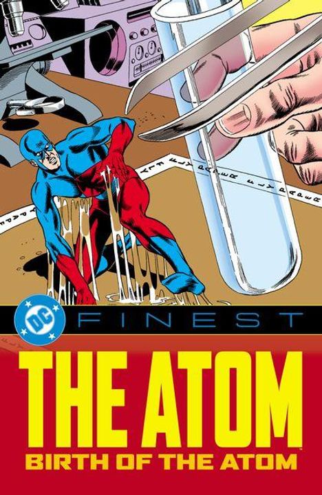 "THE ATOM: BIRTH OF THE ATOM" darüber eine Szene: ein kleiner Superheld kämpft durch Flüssigkeit, während eine Hand ein Reagenzglas hält.