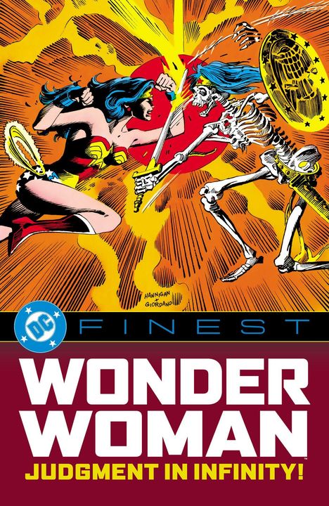 Text: DC FINEST, WONDER WOMAN, JUDGMENT IN INFINITY! 
Illustration zeigt Wonder Woman im Kampf mit einem skelettartigen Wesen.