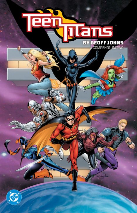 "Teen Titans" und "BY GEOFF JOHNS COMPENDIUM TWO". Superhelden vor einem kosmischen Hintergrund.