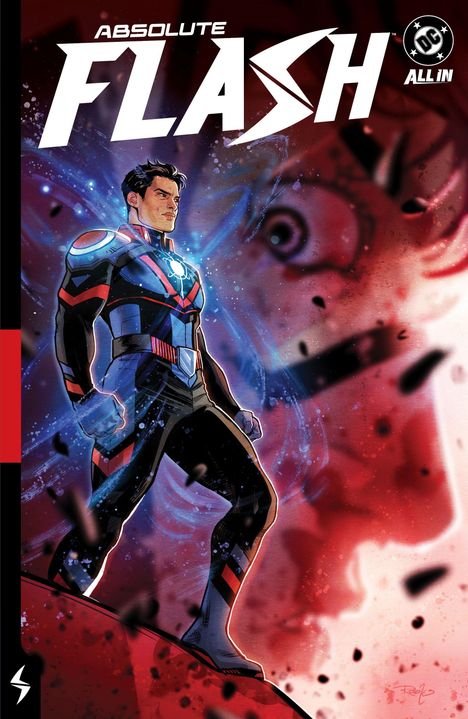 Text: "ABSOLUTE FLASH", "ALL IN", "DC". Illustration eines Helden in dynamischer Pose vor rotem Hintergrund.
