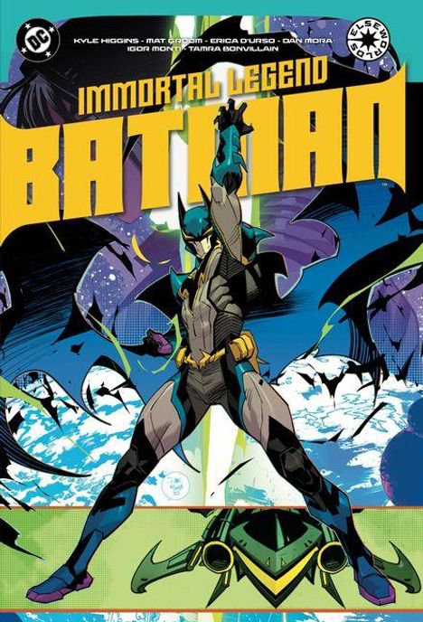 "IMMORTAL LEGEND BATMAN" in großen Buchstaben. Batman steht heroisch mit erhobener Hand. Fledermäuse fliegen im Hintergrund.
