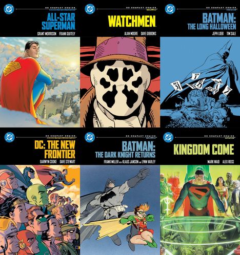 "ALL-STAR SUPERMAN, WATCHMEN, BATMAN: THE LONG HALLOWEEN, DC: THE NEW FRONTIER, BATMAN: THE DARK KNIGHT RETURNS, KINGDOM COME."