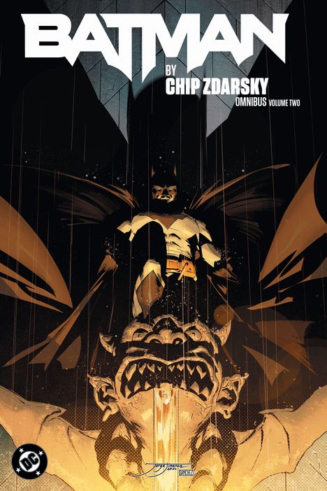 „BATMAN BY CHIP ZDARSKY OMNIBUS VOLUME TWO.“ Illustration von Batman oben auf einem Wasserspeier.