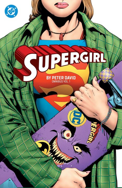 "Supergirl" und "BY PETER DAVID OMNIBUS VOL. 1". Illustration von einer Person im Supergirl-Shirt mit einem Skateboard.
