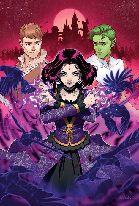 Drei Figuren vor einer Burgsilhouette im Mondlicht. Eine Frau mit magisch schimmernden Effekten und zwei Männer stehen dabei.