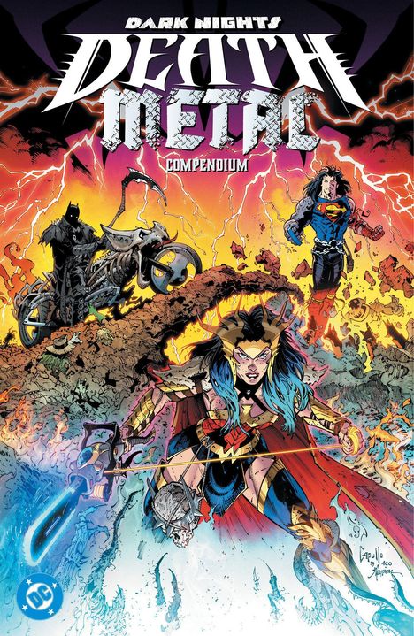 "Dark Nights: Death Metal Compendium." Illustration mit heldenhaften Figuren vor stürmischem, apokalyptischem Hintergrund.