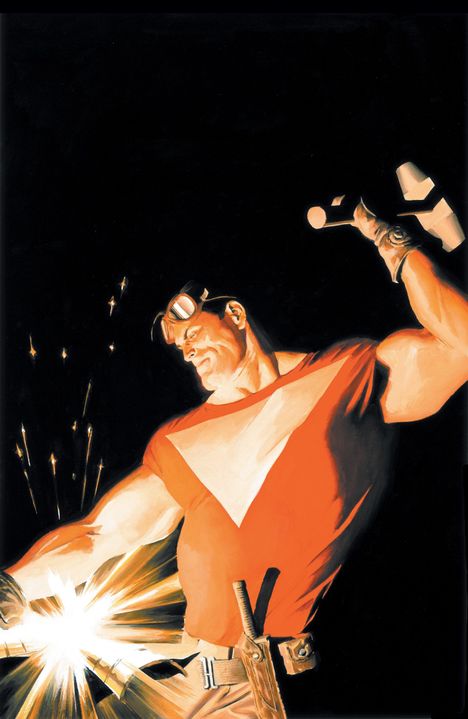 Ein muskulöser Mann in rotem Shirt mit gelbem V formt Funken mit Hammer auf Metall, dynamische Pose, energiegeladene Szene.