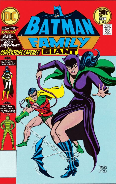 "BATMAN FAMILY", rote und blaue Farben, Catwoman und Robin in Aktion, ein DC-Logo oben links, dynamische Comic-Illustration.