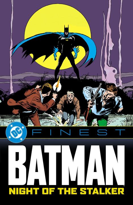 "DC FINEST BATMAN: NIGHT OF THE STALKER" steht unten. Eine Illustration zeigt Batman vor einem großen gelben Mond.