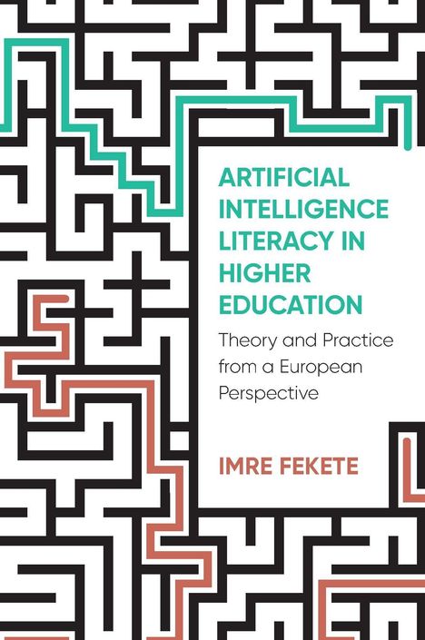 "ARTIFICIAL INTELLIGENCE LITERACY IN HIGHER EDUCATION" steht neben einem schwarzen Labyrinth mit bunten Farblinien.