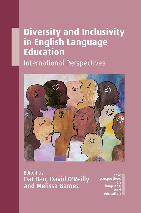 Titel: "Diversity and Inclusivity in English Language Education". Illustration von bunten Profilen mit Symbolen.