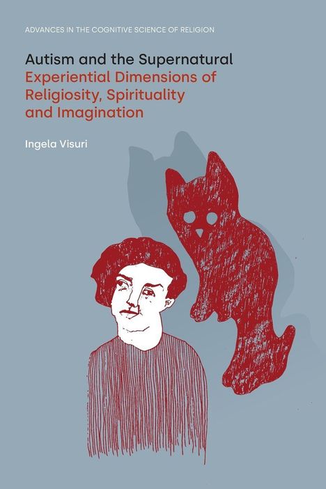 "Autism and the Supernatural" in schwarzem Text. Rote Illustration einer Person und einer Katze nebeneinander.