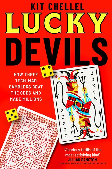 Text: KIT CHELLEL LUCKY DEVILS. Gelbe Würfel, zwei Spielkarten, eine zeigt einen Joker, die andere hat ein Schaltkreismuster.
