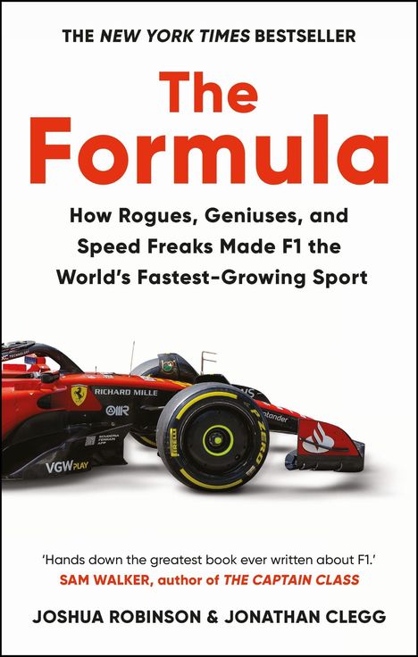 "The New York Times Bestseller," "The Formula," ein F1-Auto in Rot mit Logos und Namen der Autoren Joshua Robinson & Jonathan Clegg.