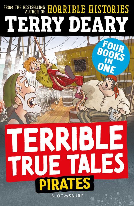 Text: "Terry Deary, Terrible True Tales: Pirates, Four Books in One." Illustrationen von Piraten auf einem Schiff.