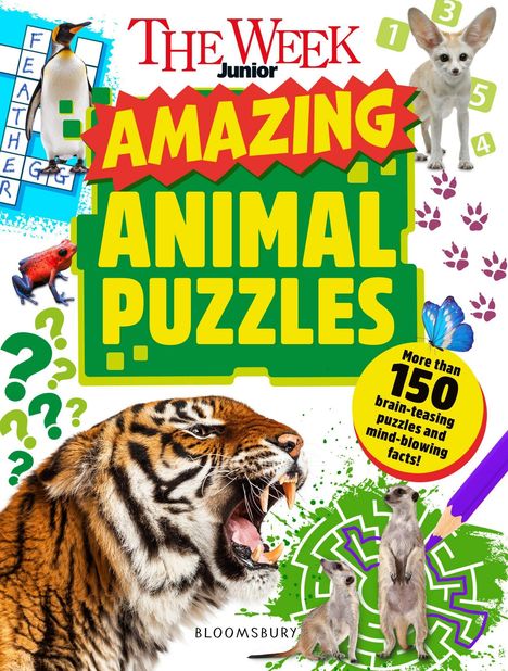 Text: „The Week Junior“, „Amazing Animal Puzzles“, „More than 150 brain-teasing puzzles and mind-blowing facts!“.  
Illustration mit Tieren wie Pinguin, Tiger und Fennek.