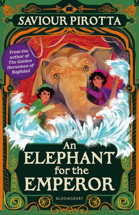 Text: „SAVIOUR PIROTTA“, „An Elephant for the Emperor“, „Bloomsbury“. Illustration: Zwei Kinder und Elefant zwischen Wellen.