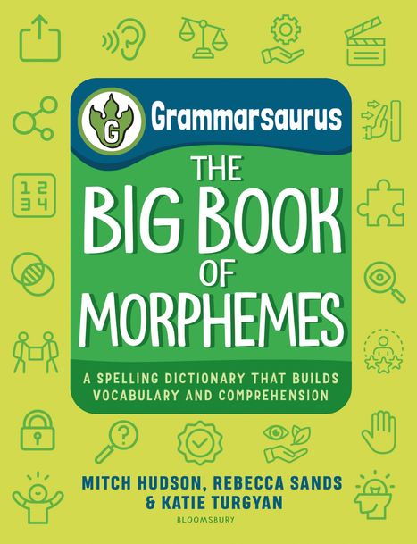 Titel: "The Big Book of Morphemes". Logo oben links. Symbole wie Ohren, Waage, Schloss umgeben den Text.
