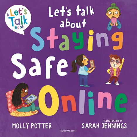 „Let's talk about Staying Safe Online“ steht groß auf lila Hintergrund. Kinder sind mit digitalen Geräten abgebildet.