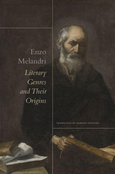 "Enzo Melandri, Literary Genres and Their Origins, translated by Alberto Toscano." Illustration eines bärtigen Mannes.