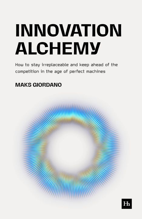 „INNOVATION ALCHEMY“ steht oben. Darunter ein farbenfrohes, strahlenförmiges Muster in Blau- und Gelbtönen.