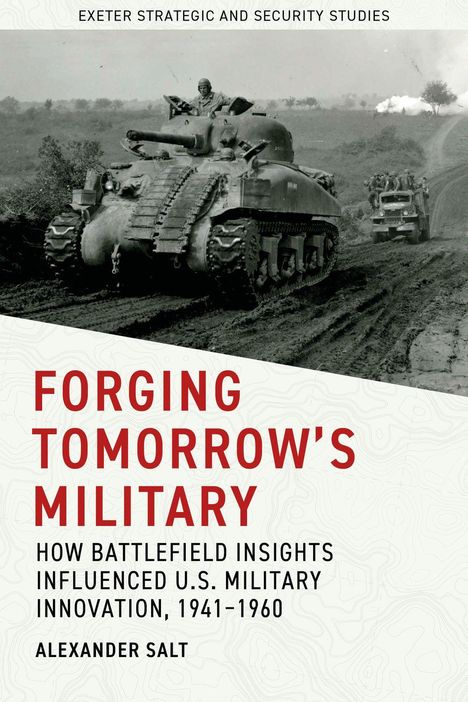 Titel: "FORGING TOMORROW'S MILITARY." Ein Soldat auf einem Panzer, gefolgt von einem Truppentransporter.