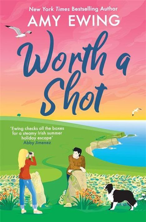 "Worth a Shot" von Amy Ewing. Eine Frau fotografiert einen Mann in irischer Küstenlandschaft mit Hund und Möwen.