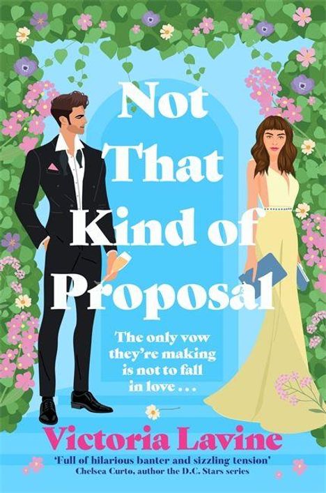 „Not That Kind of Proposal“ und „Victoria Lavine“ stehen im Zentrum. Illustration: Ein Paar in formeller Kleidung umrahmt von Blumen.