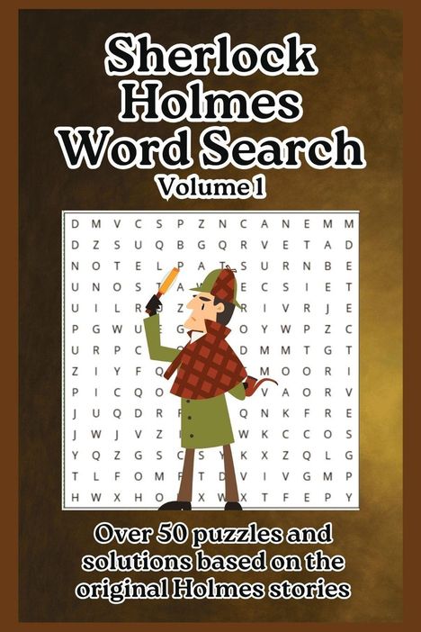 „Sherlock Holmes Word Search Volume 1“. Illustration mit Sherlock Holmes, Lupe und Wörtersuche-Rätsel.