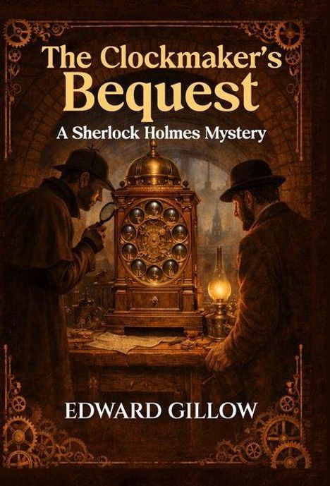 „The Clockmaker's Bequest: A Sherlock Holmes Mystery“ von Edward Gillow. Zwei Männer untersuchen eine antike Uhr.