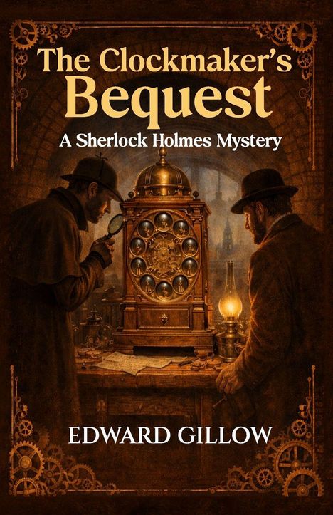 "The Clockmaker’s Bequest: A Sherlock Holmes Mystery von Edward Gillow." Gemälde von zwei Detektiven bei einer Uhr.