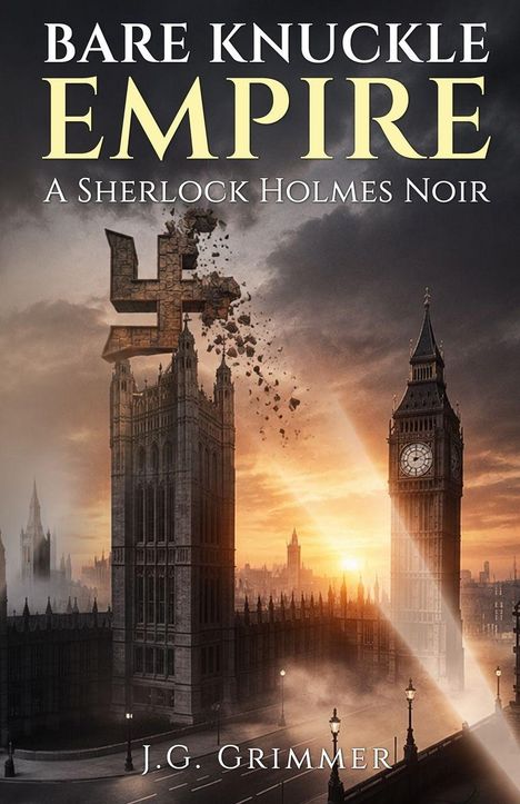 "BARE KNUCKLE EMPIRE" oben, darunter "A Sherlock Holmes Noir". Londoner Skyline mit Big Ben im Sonnenuntergang, zerstörtes Hakenkreuz.