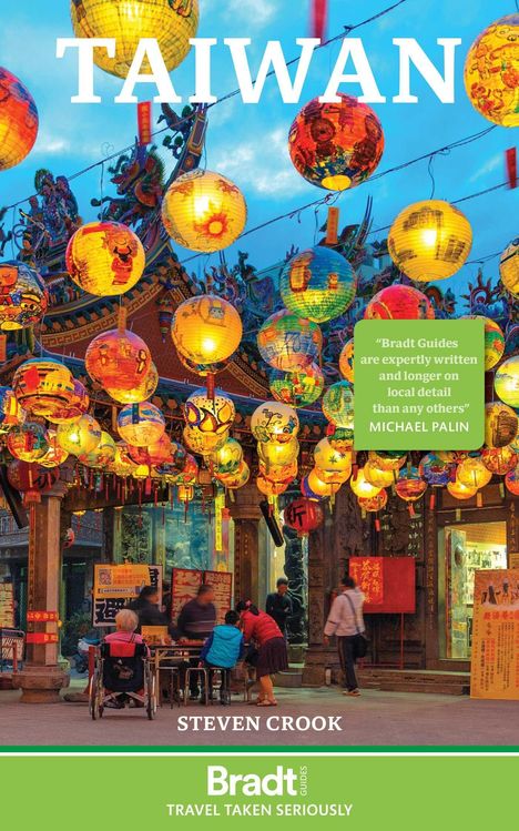 "TAIWAN" ist groß oben zu sehen. Ein Tempel mit bunten Laternen und Menschen, die zusammensitzen, ist im Hintergrund.