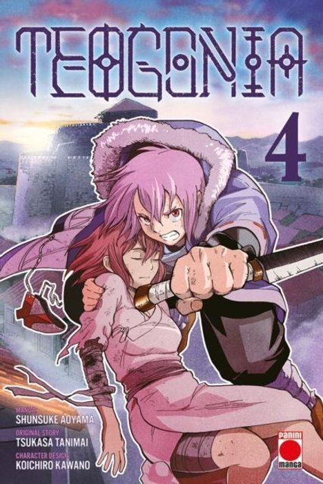 Oben steht "Teogonia", rechts daneben die Zahl 4. Zwei Figuren in einer dramatischen Pose mit einem Schwert.