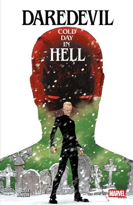 Text: "DAREDEVIL: COLD DAY IN HELL". Illustration: Schneelandschaft, Gräber, Silhouette von Daredevil, Mann mit Stock.