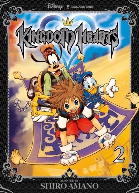 "Kingdom Hearts, 2, Shiro Amano." Drei Figuren auf einem fliegenden Teppich: Ein Junge mit braunen Haaren, eine Ente und ein Hund.