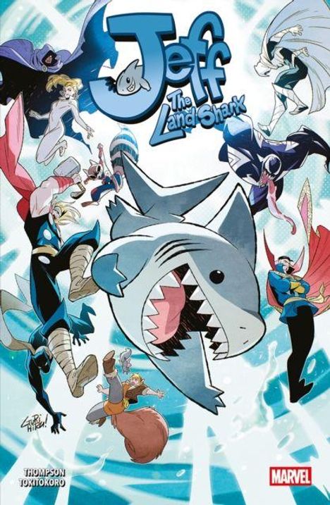 „Jeff The Land Shark“ in blauer Schrift. Ein fröhlicher Hai umgeben von Superhelden in actionreichen Posen.
