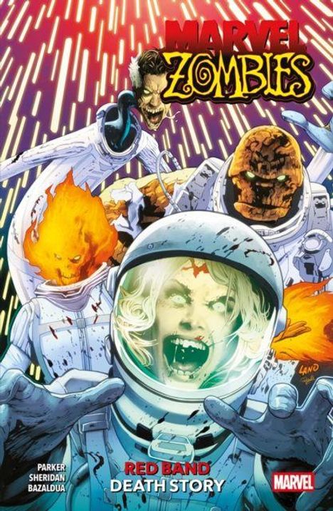 „Marvel Zombies“, „Red Band: Death Story“. Eine Illustration mit Zombie-Helden und einem Astronauten.