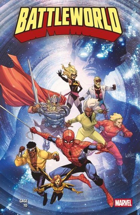 "BATTLEWORLD" oben in gelber Schrift; darunter verschiedene Superhelden in dynamischen Posen vor einem kosmischen Hintergrund.