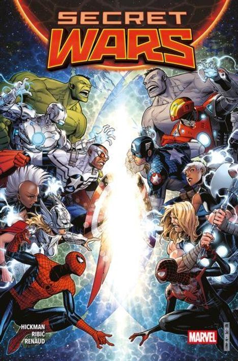 "Secret Wars" in roter Schrift. Comic-Helden stehen sich gegenüber, linke Hälfte: Helden links, rechte Hälfte: Helden rechts.