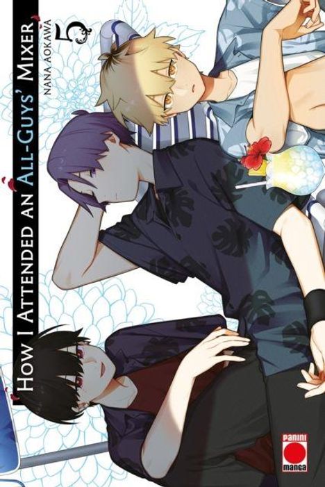 „How I Attended an All-Guys Mixer“, drei gezeichnete Männer liegen entspannt beisammen, einer hält ein Getränk mit Früchten.