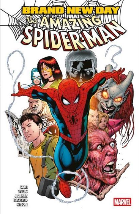 „BRAND NEW DAY“, „THE AMAZING SPIDER-MAN“. Comic-Cover mit Spider-Man in Aktion, umgeben von verschiedenen Charakteren.