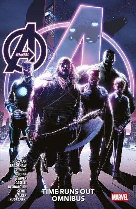 "Avengers: Time Runs Out Omnibus." Helden in futuristischer Kleidung vor großem Avengers-Logo. Unten diverse Künstlernamen.