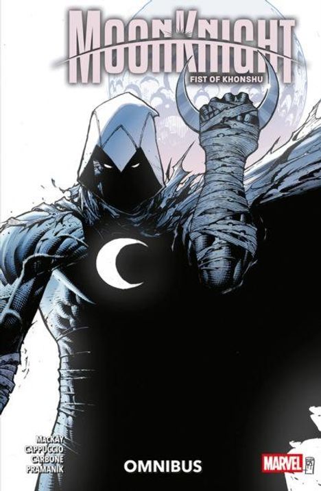 "Moon Knight: Fist of Khonshu" und "Omnibus". Dunkler Held mit Kapuze, Halbmond auf der Brust, vor großem Mond dargestellt.